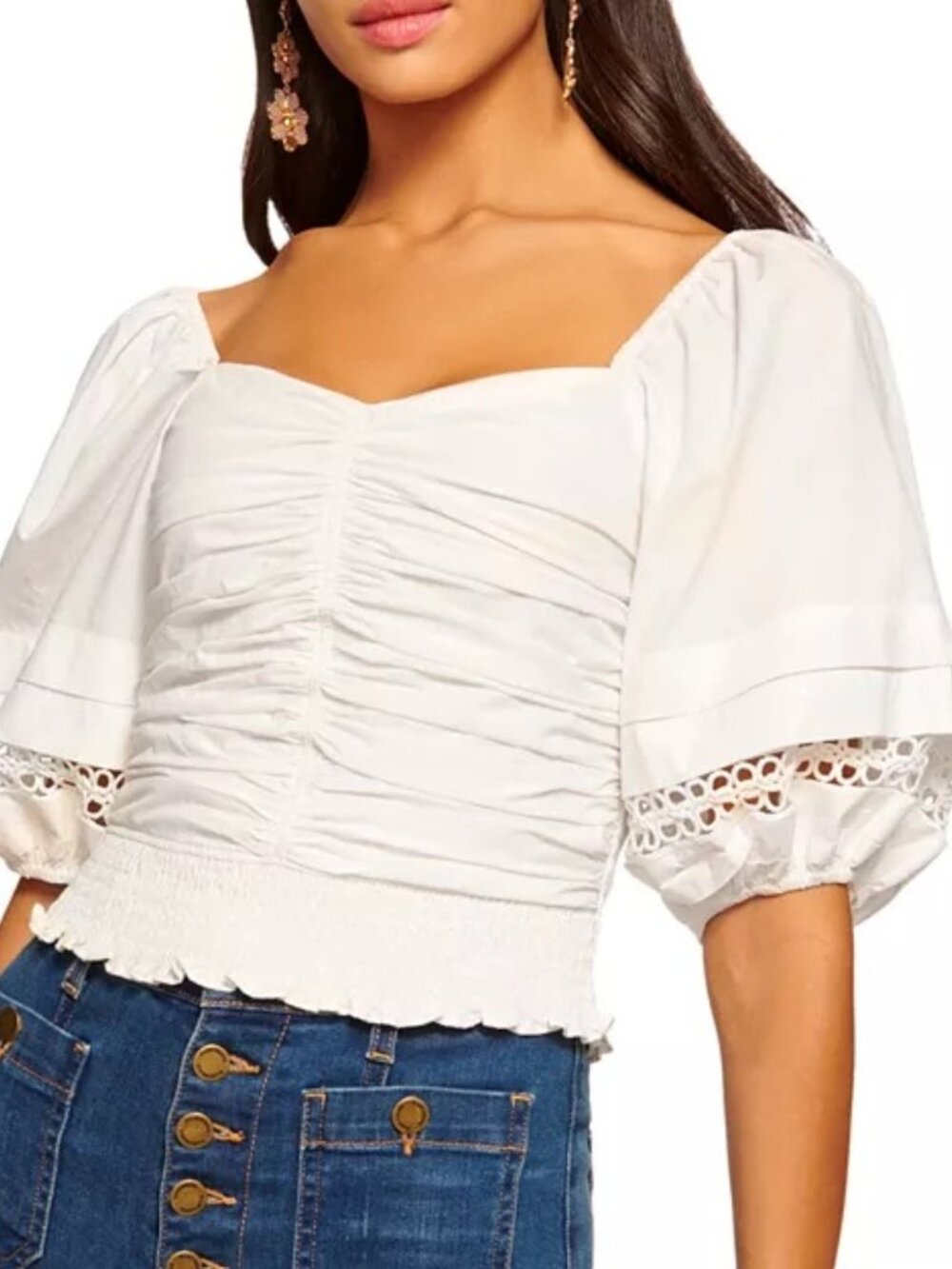 Ramy Brook Zayla White Cropped Cotton Top with Pleats, Ruching and Puff Sleeves
